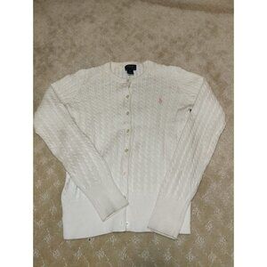 Polo Ralph Lauren Girls XL (16) Cable Knit Cardigan Sweater White Pink Pony